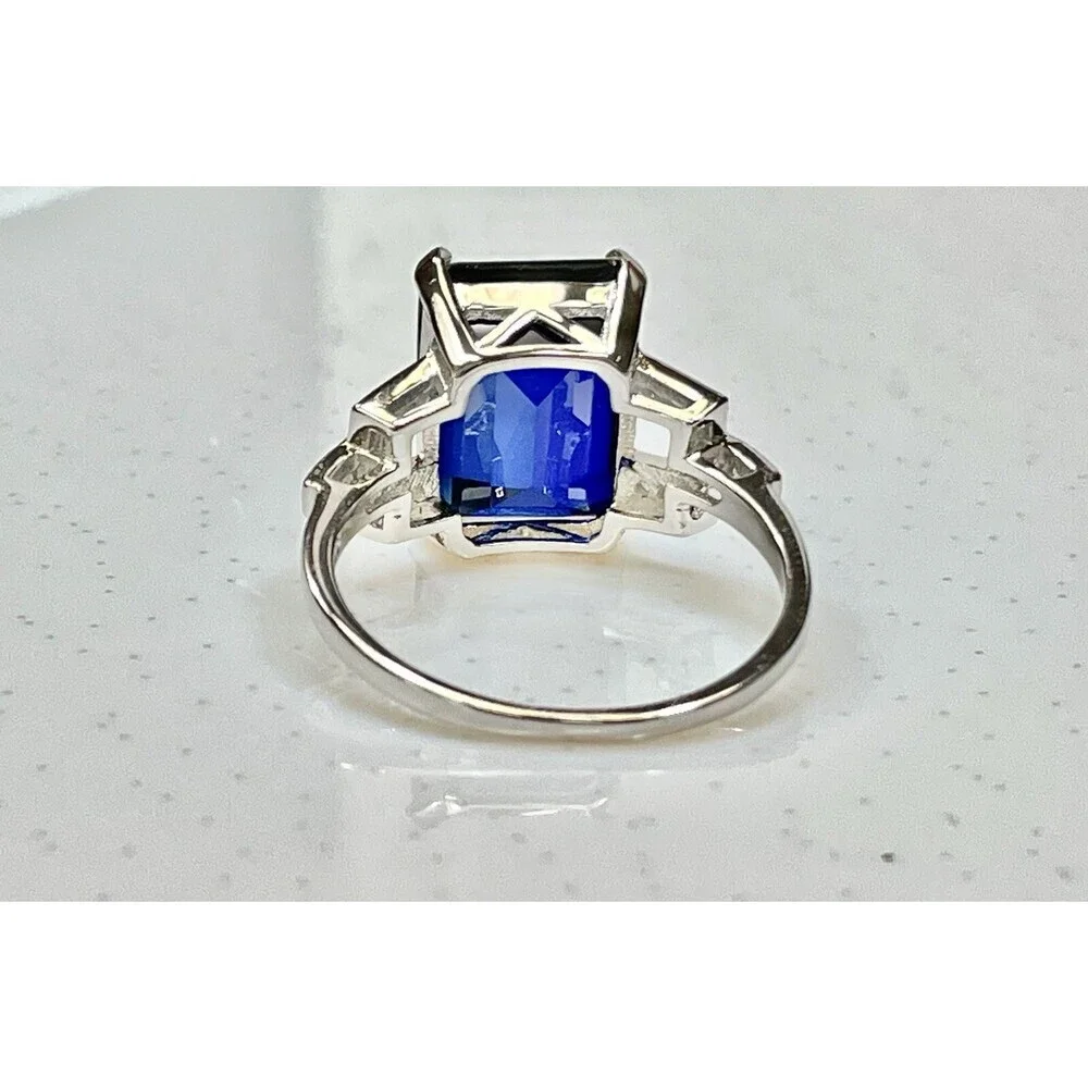 Genuine Emerald Cut Lab-Created Sapphire Set in Ring 925 Sterling Silver